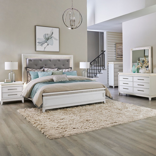 Reflections - 5 Piece Bedroom Set (California King Upholstered Bed, Dresser & Mirror, Chest, Nightstand) - Pearl White