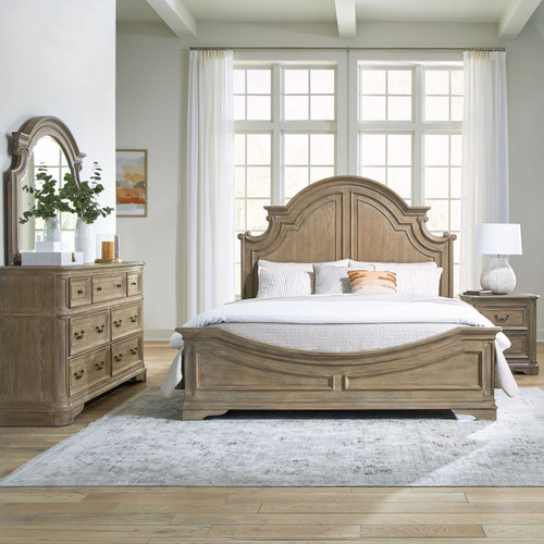 Magnolia Manor - 4 Piece Bedroom Set (California King Panel Bed, Dresser & Mirror, Nightstand) - Weathered Bisque