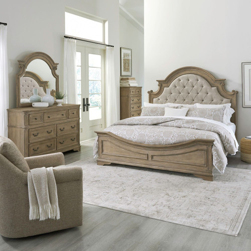 Magnolia Manor - 4 Piece Bedroom Set (California King Upholstered Bed, Dresser & Mirror, Chest) - Weathered Bisque