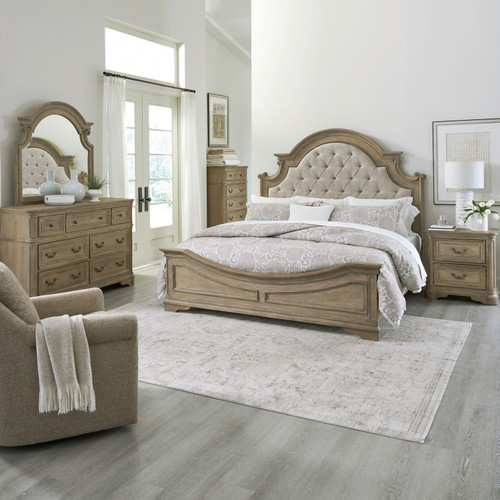 Magnolia Manor - 5 Piece Bedroom Set (California King Upholstered Bed, Dresser & Mirror, Chest, Nightstand) - Weathered Bisque