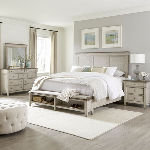 Ivy Hollow - 4 Piece Bedroom Set (California King Storage Bed, Dresser & Mirror, Nightstand) - Weathered Linen / Dusty Taupe