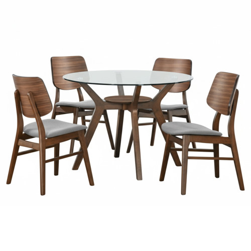 Oscar - Round Glass Dining Table With 4 Cushion Chairs - Gray