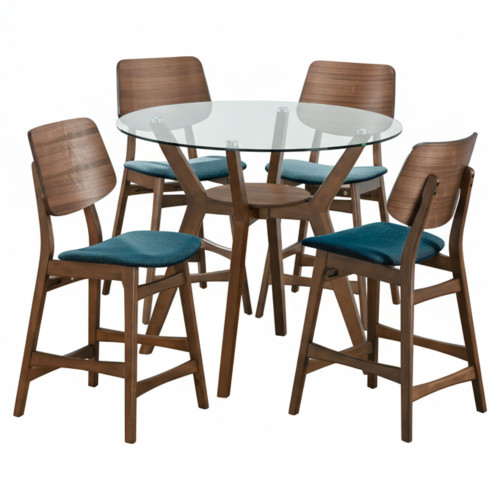 Oscar - Round Glass Counter Table With 4 Cushion Chairs - Dark Brown