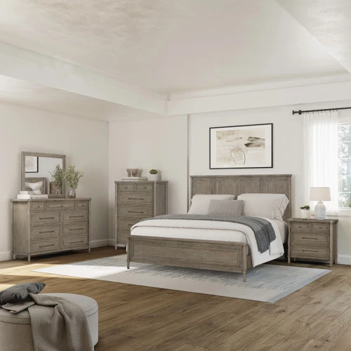 Rochelle Park - 5 Piece Bedroom Set (California King Panel Bed, Dresser & Mirror, Chest, Night Stand) - Smokey Taupe