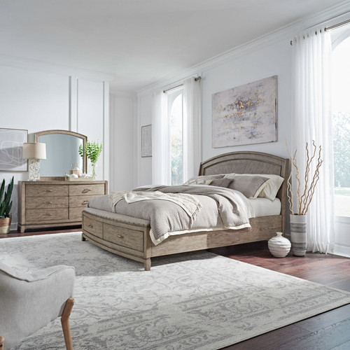 Avalon - 3 Piece Bedroom Set (California King Panel Storage Bed, Dresser & Mirror) - Burnished Beige