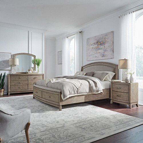 Avalon - 4 Piece Bedroom Set (California King Upholstered Storage Bed, Dresser & Mirror, Night Stand) - Burnished Beige