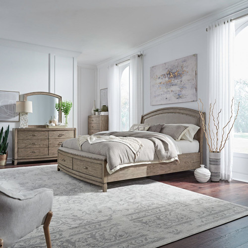 Avalon - 4 Piece Bedroom Set (California King Upholstered Storage Bed, Dresser & Mirror, Chest) - Burnished Beige
