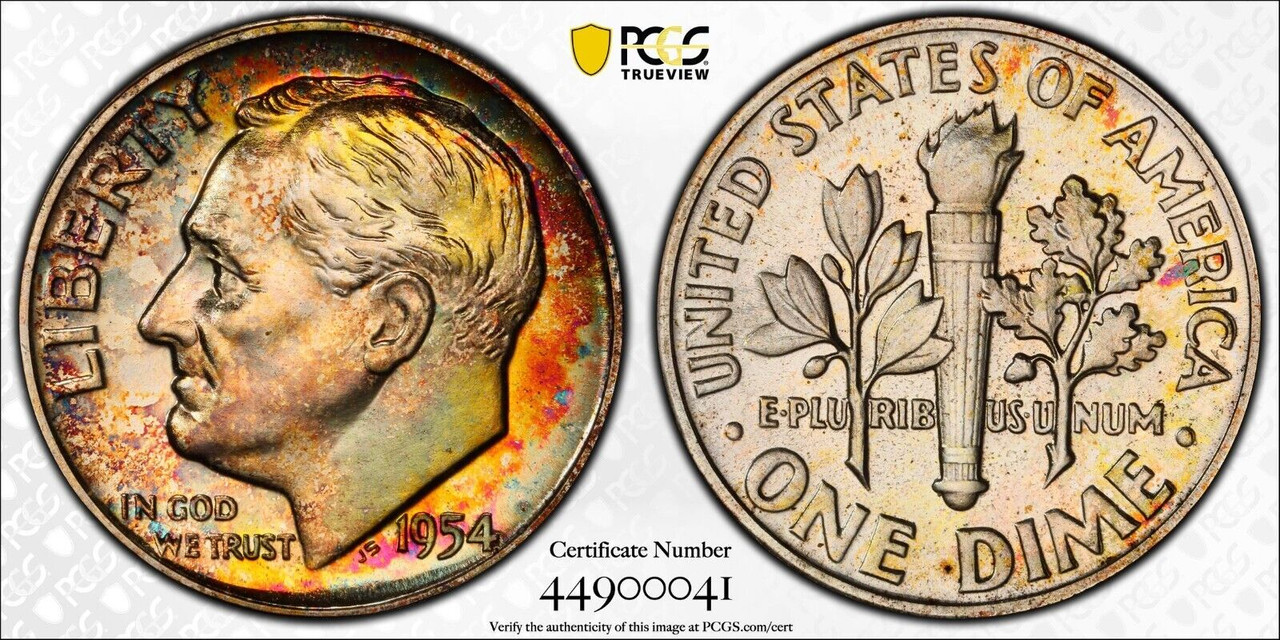 1954 Roosevelt Proof Silver Dime, PCGS PR66, Attractive Rainbow