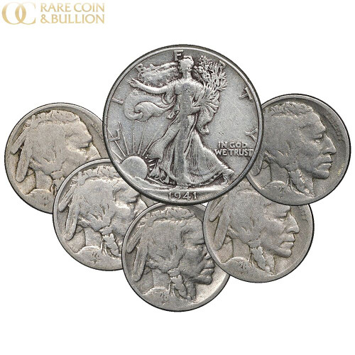 1913-1947 (5) Buffalo Nickels & (1) Walking Liberty Half Dollar, Lot of 6 US Coins
