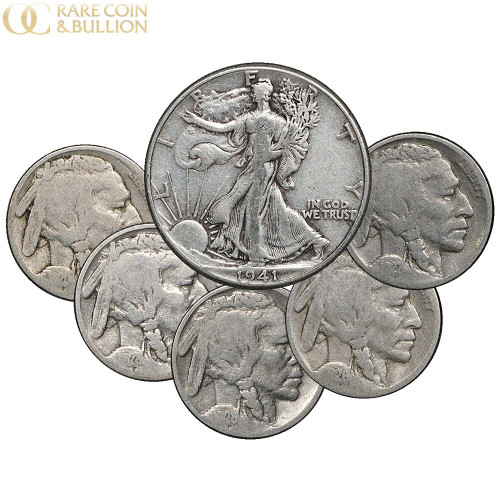 1913-1947 (5) Buffalo Nickels & (1) Walking Liberty Half Dollar, Lot of 6 US Coins 1913-1947 (5) Buffalo Nickels & (1) Walking Liberty Half Dollar, Lot of 6 US Coins