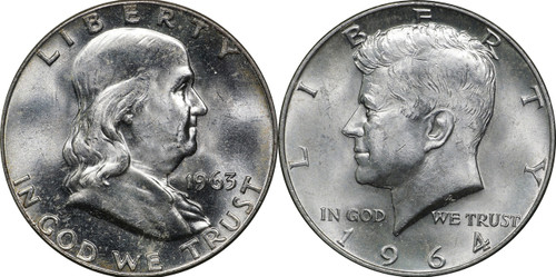 1963 Franklin & 1964 Kennedy Silver Half Dollar Set, BU Brilliant Uncirculated 1963 Franklin & 1964 Kennedy Silver Half Dollar Set, BU Brilliant Uncirculated