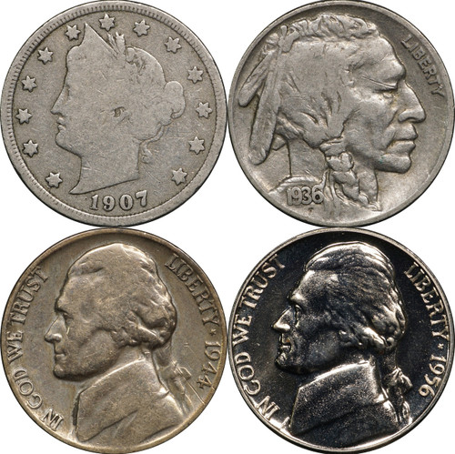 1883 -Date US Nickel Set of 4 Coins, Liberty V, Buffalo, Jefferson War & Proof Good 1883 -Date US Nickel Set of 4 Coins, Liberty V, Buffalo, Jefferson War & Proof Good