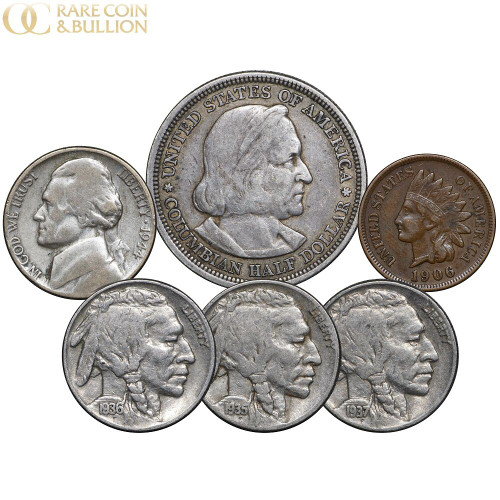 1893 Columbian Silver Half Dollar, Silver War Nickel, (3) Full Date Buffalo Nickel & XF Indian Cent Extremely Fine 1893 Columbian Silver Half Dollar, Silver War Nickel, (3) Full Date Buffalo Nickel & XF Indian Cent Extremely Fine