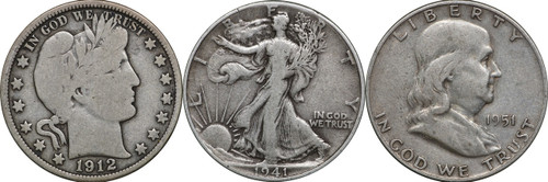 1892-1963 Barber, Walking Liberty & Franklin Silver Half Dollar, 3 Coin Set, VG, Very Good 1892-1963 Barber, Walking Liberty & Franklin Silver Half Dollar, 3 Coin Set, VG, Very Good