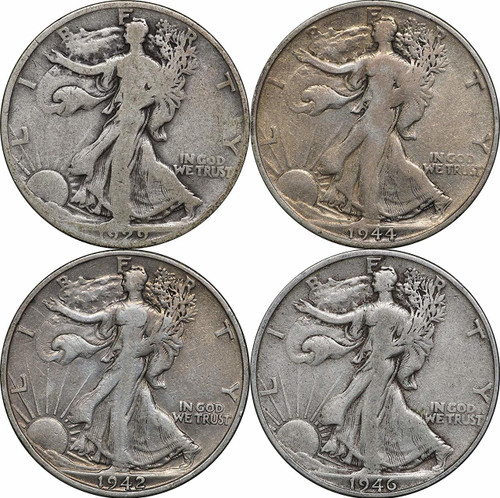 1916-1947 Walking Liberty Silver Half Dollars, 4 Coins, $2 Face Avg. Condition 1916-1947 Walking Liberty Silver Half Dollars, 4 Coins, $2 Face Avg. Condition