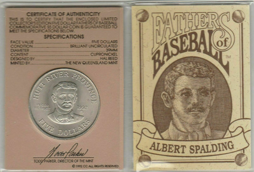 Coin - Fathers of Baseball - Albert Spalding - G/F $5 - BU - 1992 - 39 MM