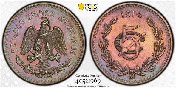 1914 Mexico 5 Centavos, PCGS "Cleaned-UNC Detail", Beautiful Toning, Well Struck