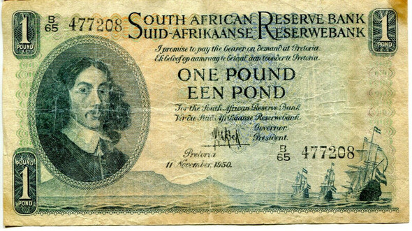 11 November 1950 South Africa 1 Een Pound, Pick-92c, VG, Some Staining