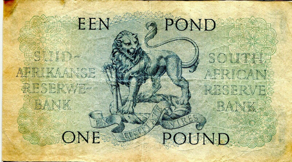 11 November 1950 South Africa 1 Een Pound, Pick-92c, VG, Some Staining 11 November 1950 South Africa 1 Een Pound, Pick-92c, VG, Some Staining