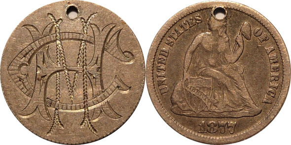 1877 Love Token Seated Liberty Dime, Nice Host Coin w/ Fancy "C.M.H." Monogram 1877 Love Token Seated Liberty Dime, Nice Host Coin w/ Fancy "C.M.H." Monogram