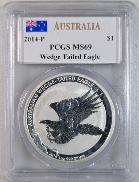 2014-P Australia Silver $1, Wedge Tailed Eagle, PCGS MS69, Mercanti Label w/ Box