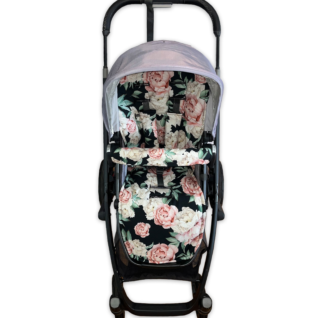 Peonies Black Cotton Pram Liner to fit Uppababy