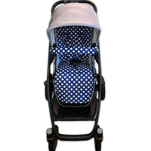 Crosses Navy & White Cotton Pram Liner photographed in Uppbaby Vista v2