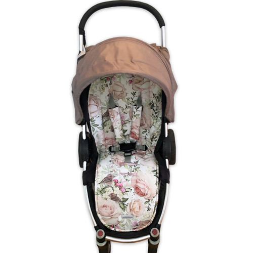 English Rose cotton unviversal pram liner set photographed in Steelcraft Agile