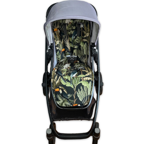 Toucans Black Cotton Pram Liner to fit Uppababy photographed in Vista