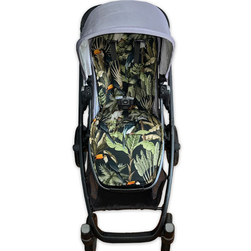 Toucans Black Cotton Pram Liner to fit Uppababy photographed in Vista Toucans Black Cotton Pram Liner to fit Uppababy photographed in Vista