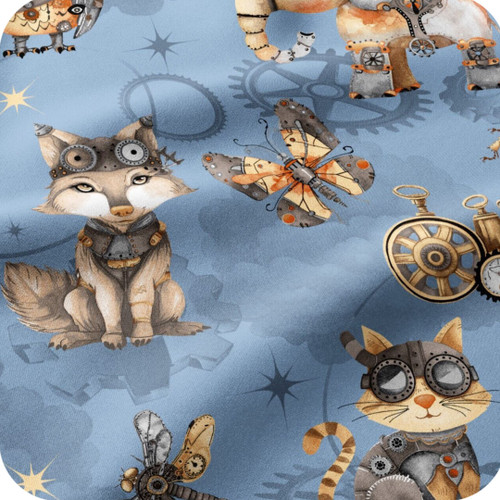 Steampunk Animals Blue 100% cotton