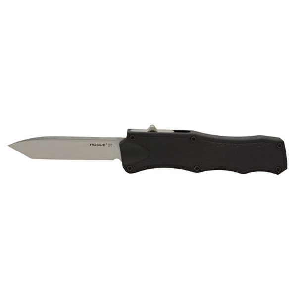 HOGUE GRIPS 743108340004 Out The Front 3.5  Automatic Tanto Blade Tumbled Finish Aluminum Frame - Matte Black