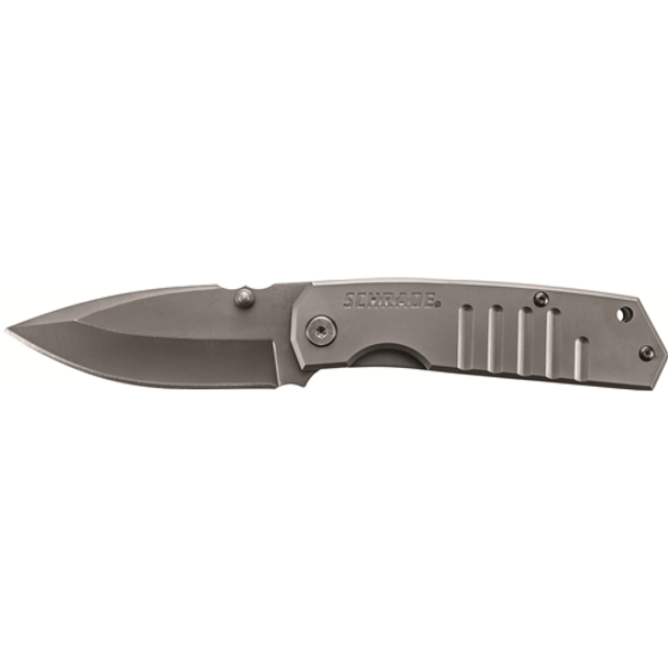 SCHRADE 044356217422 Schrade Frame Lock 9Cr18Mov titanium coated drop point blade with ambidextrous thumb knobs titanium coated stamp lines stainless steel handle with lanyard hole and pocket clip
