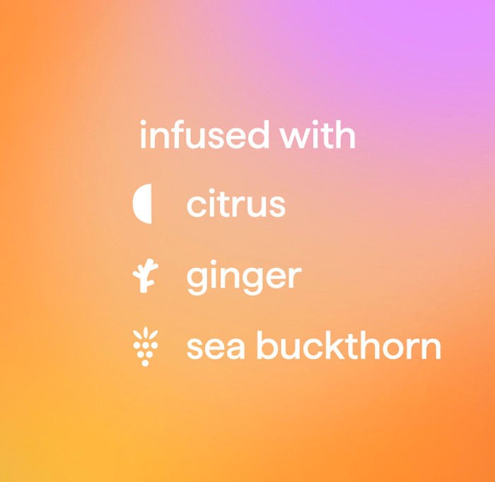 Copy highlighting infused scent descriptors: "infused with citrus, ginger, sea buckthorn."