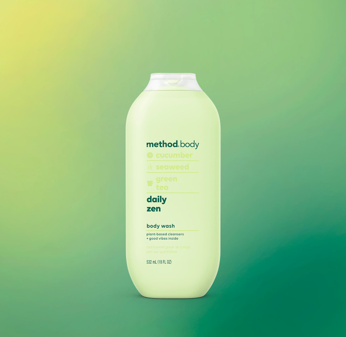 Front of Method Daily Zen body wash 18 fl. oz. displayed in a light green bottle.