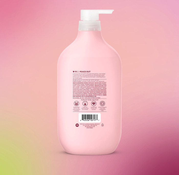 Back of Method Pure Peace body wash 28 fl. oz. displayed in a light pink bottle.