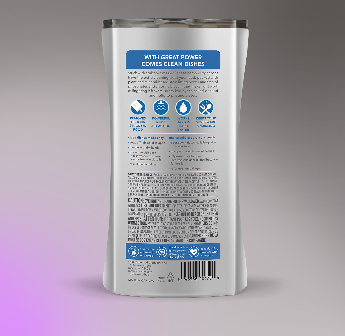 method heavy duty dishwasher packs, free + clear, 46ct