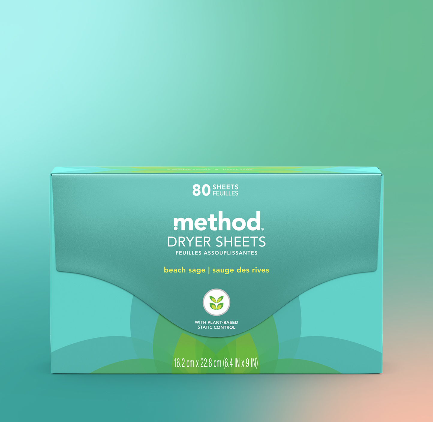 A box of Method Dryer Sheets with compostable, plant-based materials, emphasizing their eco-friendly and cruelty-free features.