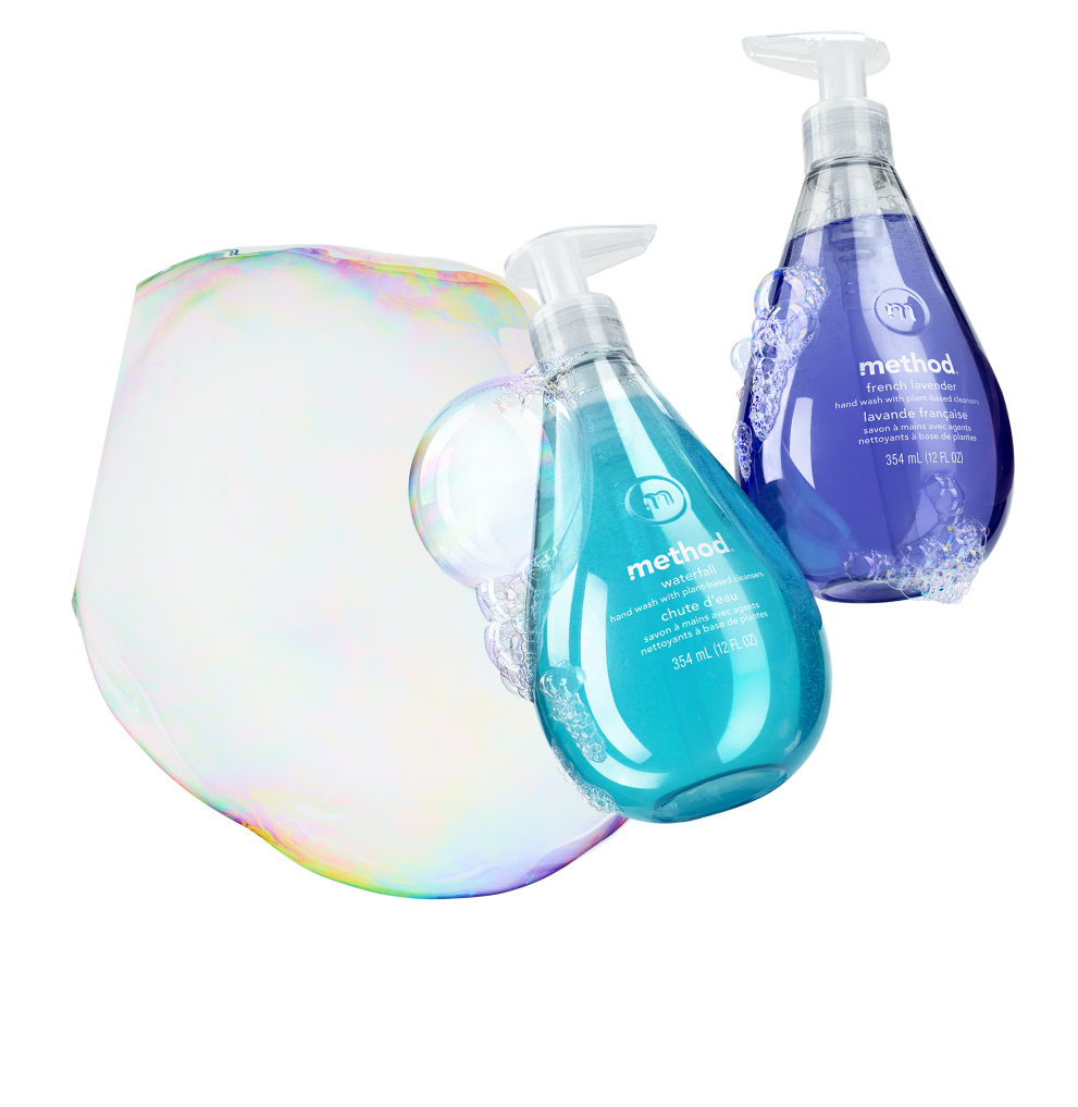 Two Method foaming hand wash bottles next to large bubble