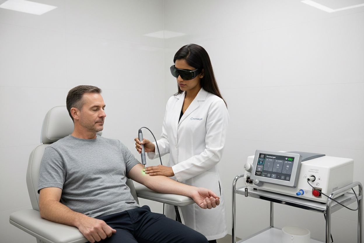 Dermatologist performing laser treatment on patient
