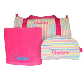 duffle bag, toiletry bag and towel