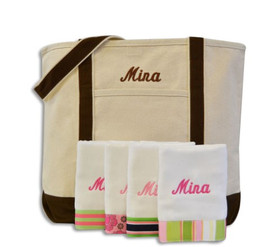 canvas tote bag and personalized baby burp cloths