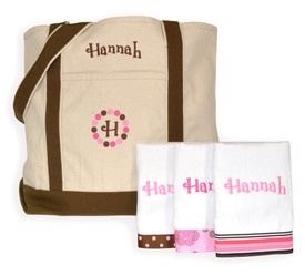 canvas tote bag and personalized baby burp cloths