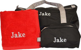personalized duffle bag, toiletry bag and towel