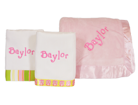 plush baby blanket and 2 monogrammed burp cloths