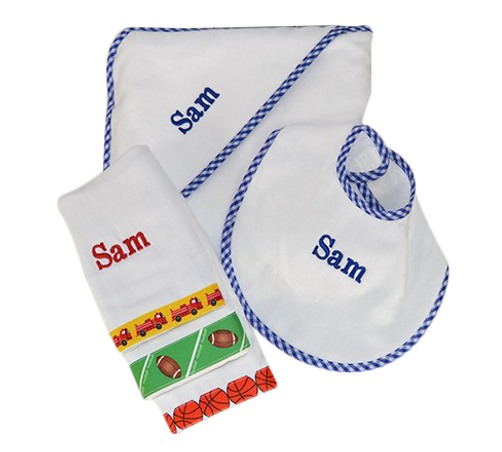 personalized hooded towel, baby burp cloth and bib