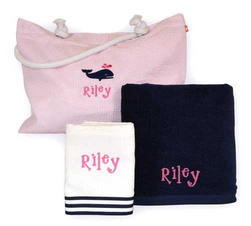 Monogrammed seersucker bag, towel and burp cloth