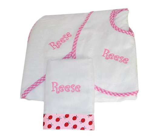 monogrammed baby hooded towel, burp cloth and baby bib
