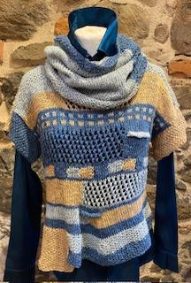 Front View with Cowl in Teal/Pale Blue/Camel