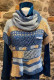 Front View with Cowl in Teal/Pale Blue/Camel